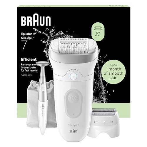 Braun Epilateur Electrique Femme Silk Epil 7 7-241, Argent – Etanche, sans Fil, Embout Rouleau de Massage, Coffret Epilation avec Tondeuse Intime, Tête de Rasage