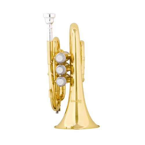 Mendini MPT Brass Bb Pocket Trumpet + Tuner, Case, Mouthpiece, More (Gold)
