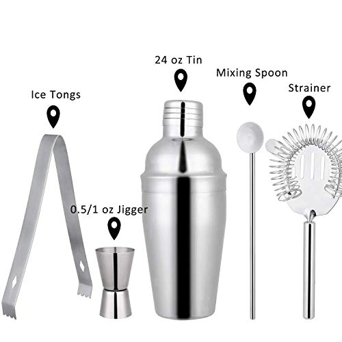 Zeonetak 24oz Cocktail Shaker Set,Bartender Kit for An Wonderful Drink Mixing Experience at Home Bar,Stainless Steel Bar Tool Set with Shaker Tin,Jigger,Mixing Spoon,Ice Tong,Hawthorne Strainer, 5-PCS - Thumbnail 6