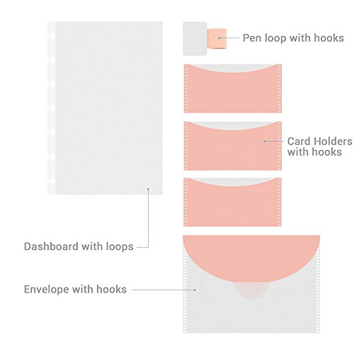 Discagenda Instant Attach Hook and Loop Dashboard with Pen Loop, Card Holders, Envelope and Hook with Adhesive Backing for Customization, for Discbound Planner (Coral Pink, Mini HP (4.6x7in))