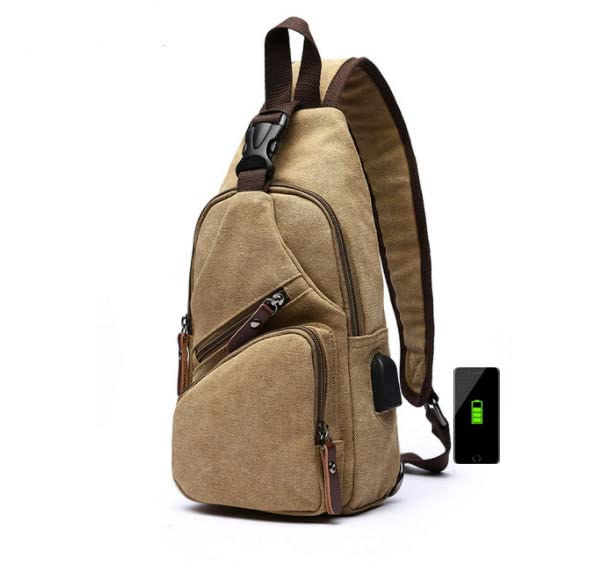 Anti-Theft Sling Chest Bag with USB Charging Men's Waterproof Canvas Travel Shoulder Bag CrossbodyTravel Hiking Camping Cycling Purse Backpack (Khaki)