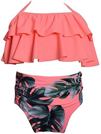 SOODEAR Girls Swimsuit Girl Bikini Set Two-Piece Ruffle Falbala Swimwear Bathing Suits(Pink,128) 5-6Years Pink