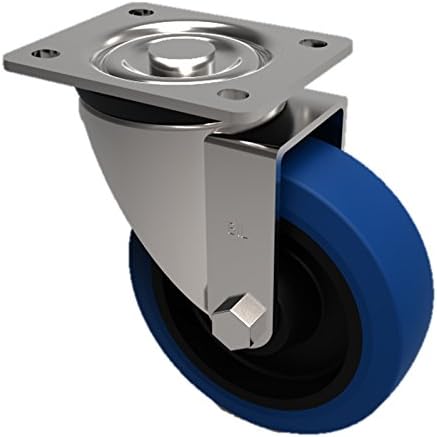 BIL BZH100SRNB Series BZH Double Ball Castor, Rubber on Nylon, 100 mm Diameter, 128 mm Height, 105 mm x 86 mm Plate, 8 mm Fixing Bolt, 200 kg Capacity, 36 mm Tread, 90 mm Radius, Blue
