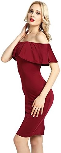 YIJIN Women's Fshion Sexy Off Shoulder Slim Bodycon Ruffle Neck Cocktail Party Club Dress (S, Wine red)