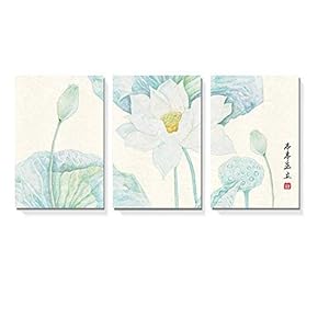 3 Panel Canvas Wall Art - Chinese Ink Painting Lotus Leaves and Flowers - Giclee Print Gallery Wrap Modern Home Art Ready to Hang - 16"x24" x 3 Panels