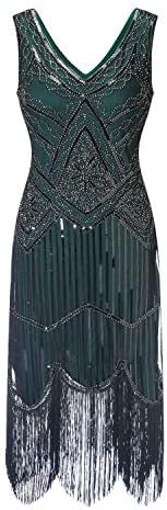 S-3xl 4XL 5XL Women's 1920s Gatsby Cocktail Sequin Beaded V-Neck Fringed Tassels Hem Flapper Dress