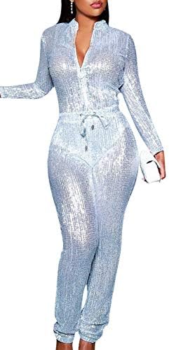 Women Sparkly Sequins Outfits Jumpsuit Set,Glitter Long Sleeve Zip Up Long Pants Romper Party Clubwear Playsuit