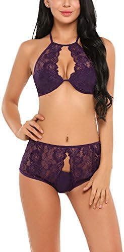 DOZNELA Women's Sexy Lingerie Set Halter 2 Piece Lace Bra and buttless Panties Panty Set