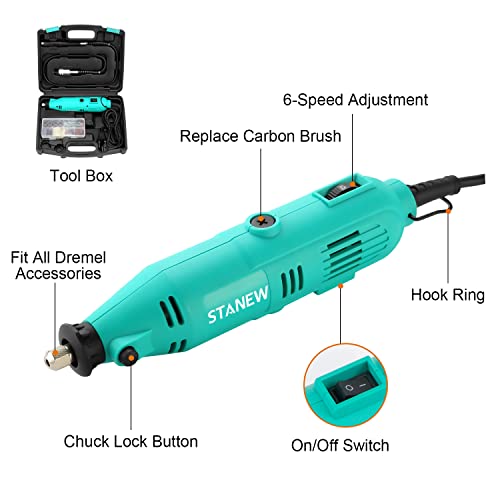 STANEW Rotary Tool Kit with Flex Shaft - 102pcs Accessories Variable Speed 130W Electric Drill Set for Grinding Engraving Crafting Projects and DIY Creations