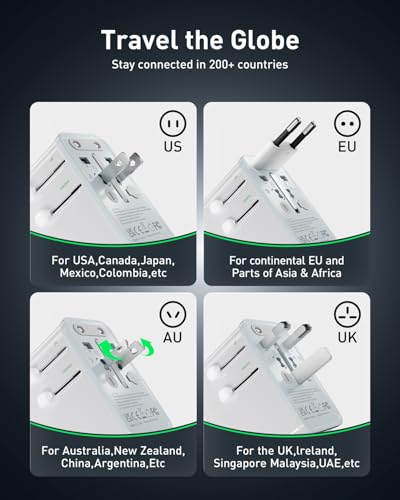Adaptador de Viaje 75W, Adaptador Universal Europeo GAN de Carga rápida con 5 Puertos (1 AC, 1 USB-A y 3 USB-C), Adaptador de Enchufe con Chip Inteligente para más de 200 países, Blanco