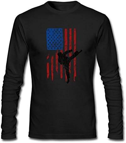Retro USA Flag Taekwondo Mens Cotton Long-Sleeve T-Shirt Athletic Graphic Tee Crew Neck L