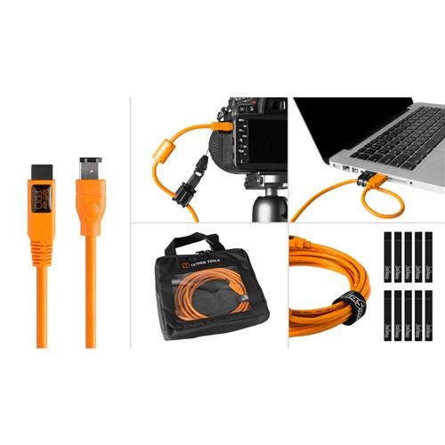 Tether Tools BTK84 Starter Tethering Kit, Includes Pro FireWire 800/400 9-6 Pin 15' Cable, Jerk Stopper Kit, Case, LED Light, Orange