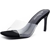 Shoe Land Melrose Women's High Heels Stiletto Heeled Slides, Square Open Toe One Band Slip-On Heeled Mules – Dressy Clear Heeled Sandals for Prom Party Wedding and Vacation