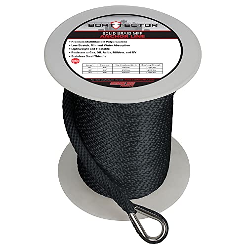 Extreme Max 3006.3472 BoatTector Solid Braid MFP Ankerleine mit Fingerhut, 1,27 cm x 150 m, Schwarz