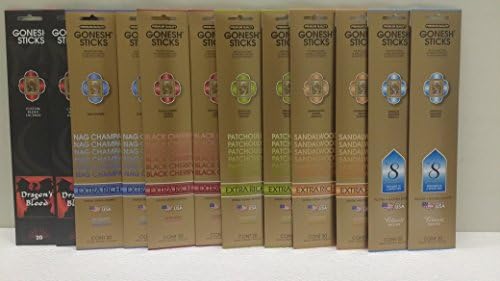 GoneshVariety Gift 12 Pack Assortment (Sandalwood, Nag Champa, Patchouli, Dragon's Blood, Black Cherry, 8 Perfumes of a Spring Mist, 240 Sticks Total)