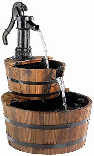 Direct Global Trading 2 Tier Wooden Barrel Water Feature with Cast Iron Pump