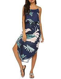Vestido floral con tirantes ajustables casuales para mujer Qearal sin mangas Split Beach Midi Sundress