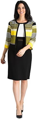 ILE New York Women's Sleeveless Dress &amp; Yellow Stripe Print Jacket, 2 Piece Set Size 14
