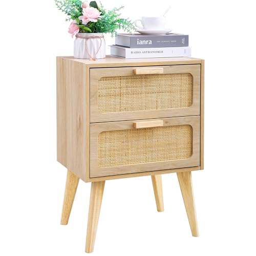 YAUKOMEL Scandinavian Bedside Table, Rattan Nightstand, 2 Drawers in Rattan, Side Table, Wooden Night Table, Sofa End with Wooden Handle for Living Room, Bedroom, Office, Natural DECTG59Y