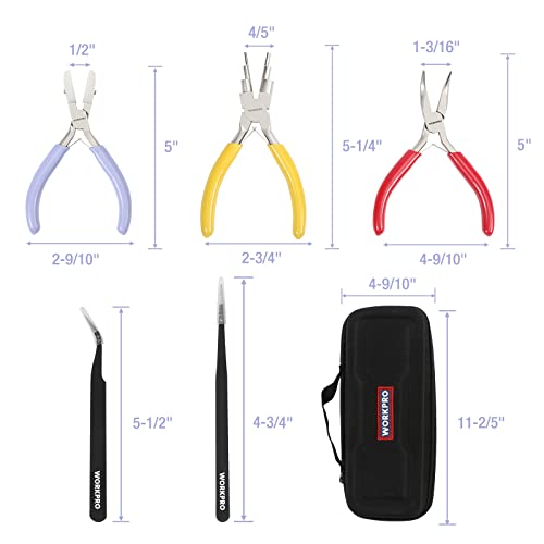 WORKPRO 5 Pieces Jewelry Pliers, Jewelry Tools Includes 6 IN 1 Wire Loop Pliers, Nylon Nose Pliers, Bent Nose Pliers for Jewelry Making, Pointed Tweezers, Curved Tweezers, with Storage Bag