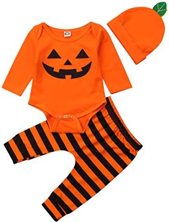 Newborn Baby Halloween Costumes Infant Winter Warm Boy Girl Long Sleeve Pumpkin Romper+Leggings Pants+Hat Cute Outfits Set （3PCS）