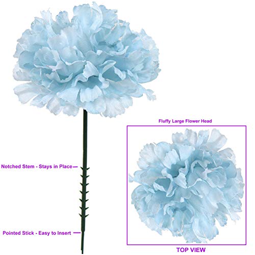 Larksilk Blue Silk Carnation Picks, Artificial Flowers for Weddings, Decorations, DIY Decor, 100 Count Bulk, 3.5" Carnation Heads with 5" Stems