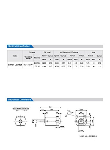Lethan Rectangular Mini Motor 1.5-3V, 7mm Shaft Length w/ 12" Lead Wires (Pack of 5)