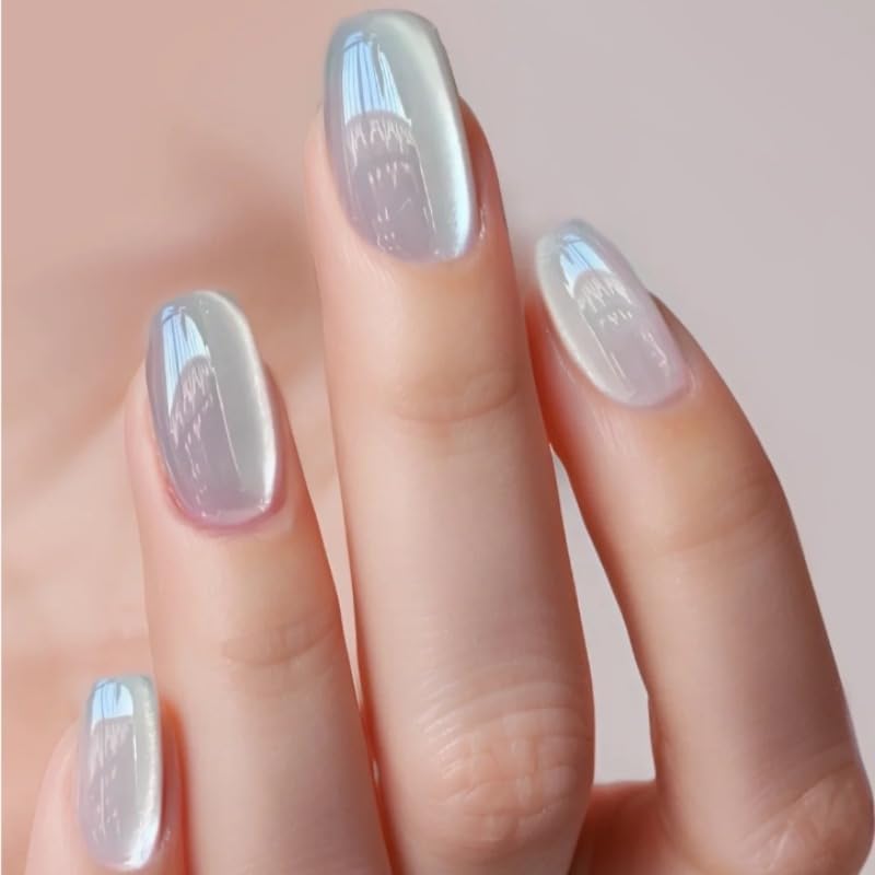 White Cat Eye Press on Nails Short Fake Nails Glossy Acrylic Nails Shiny Square False Nails Full Cover Glue on Nails Stick on Nails for Squoval Manicure 24Pcs
