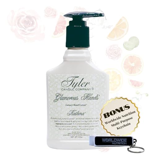 Worldwide Nutrition Bundle: Tyler Kathina Hand Lotion - Scented & Small Hand Cream For Dry Hands w/Moisture-Boosting Skin- 8 Oz Travel Size Luxury Hand Moisturizer & Multi-Purpose Key Chain
