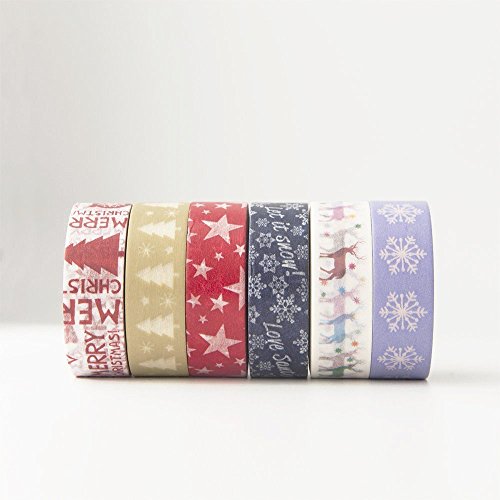 6 Rolls Christmas Washi Tape Set Total 197 Feet HolidayTape for Christmas Wall Tree DIY, Scrapbooking, Craft Projects and Gift Wrapping