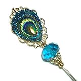 CARNIVAL COLORS PEACOCK FEATHER Long Hatpin Stick Hat Pin Gold Plated Victorian Style with CZECH GLASS BEAD