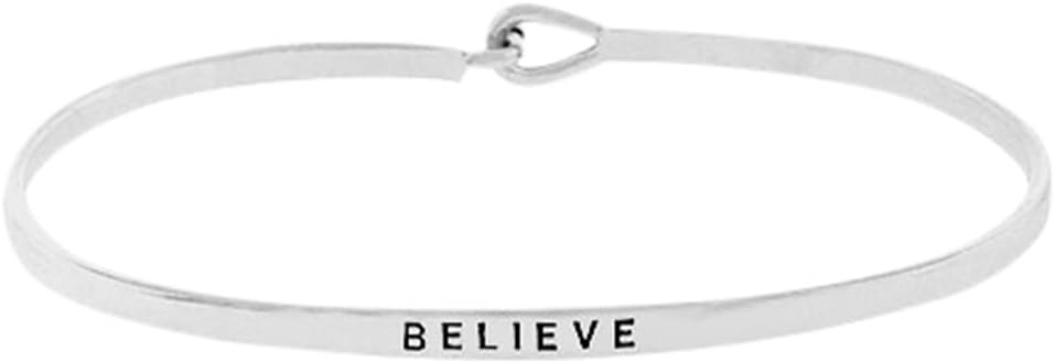 Inspirational Bracelet 'Believe' Quote Positive Message Engraved Thin Brass Bangle - Motivational Mantra Phrase Jewelry Gift for Women Teen Girls