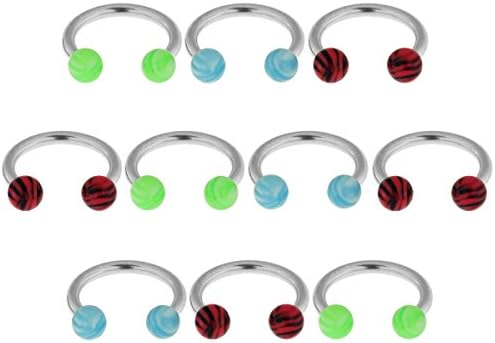 10 Pieces Assorted Color of 16Gx1/2 (1.2x12MM) 316L Surgical Steel Circular Barbell with 3MM UV Tiger Ball Body jewelry
