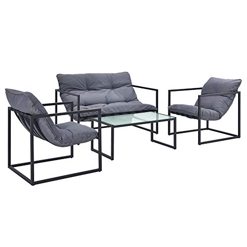 casa.pro Gartenmöbel Set 4-teilig Gartenset Gartengarnitur mit Polsterkissen Sitzgarnitur aus Sitzbank Sessel Couchtisch Outdoor-Möbel mit Stahlgestell Sitzgruppe Schwarz/Grau – Bild 2