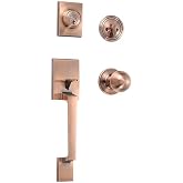 SUYA Antique Copper Front Door Handle and Single Cylinder Deadbolt Lock Set | Modern Square Long Plate Entry Handleset with Round Ball Interior Knob,Anti-rust,Reversible for left/right doors
