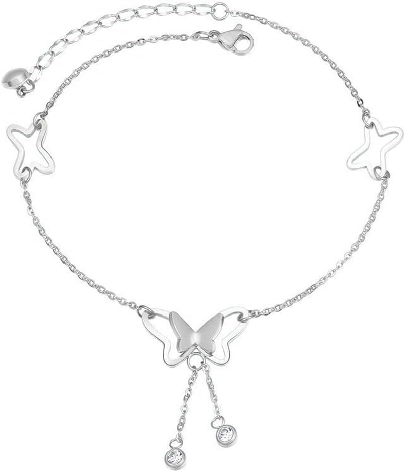 TOFBS Butterfly anklets for Women and Girls 18K Silver/Gold Plated ＆ 316L Stainless Steel Adjustable Women's anklets Cute Butterfly Ankle Bracelet Foot Chain Sand Beach Foot Jewelry (Silver)