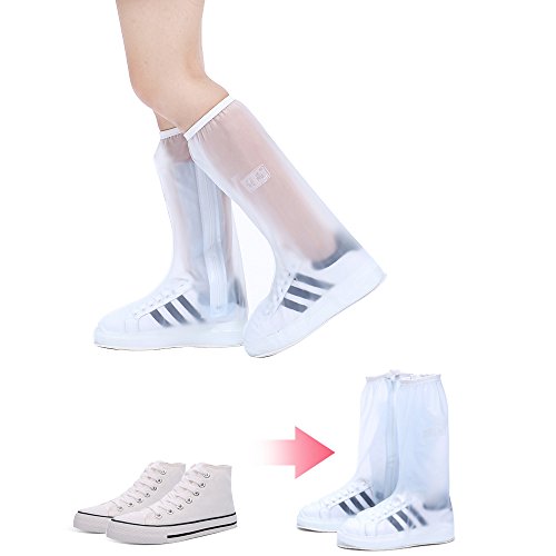 Soumit Reusable Double Sealed Dust-proof Windproof Wear-resistant Zippered Closure Protection Flat Shoes White High Covers for Rainy Day XXL (31.5cm)