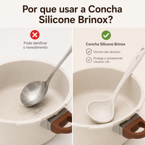 Panela de Pressão Indução Brinox Ceramic Life Pressure 6,8L Ø24cm Vanilla + Concha Silicone Flex 28cm | Antiaderente Cerâmico