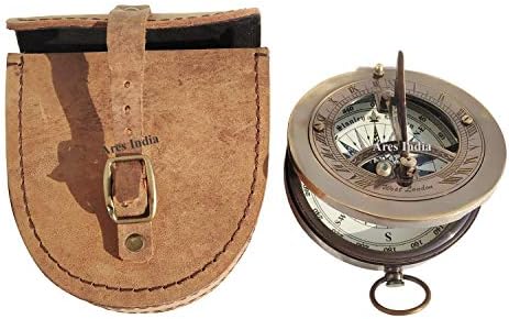 Ares India Antique Vintage Look Brass Magnetic Sundial Compass with Leather Case Pouch