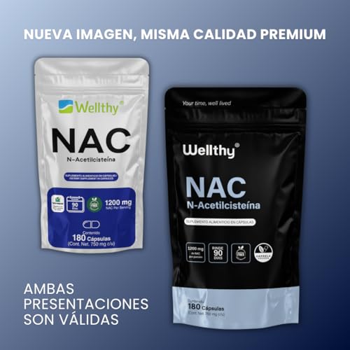 Wellthy NAC N-Acetilcisteína 180 Cápsulas. 1200mg por Porción, VCaps Cápsulas Veganas, Bottle Free.