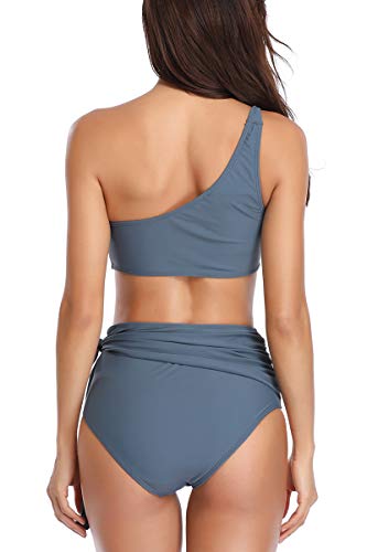 Almaree Women's Oversized Tie Front Two Piece Bikini One Shoulder Swimsuit Gray XL - Thumbnail 3