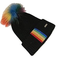 Bari Lynn Black Hat with Rainbow Fur Pom Pom and Rainbow Stripes