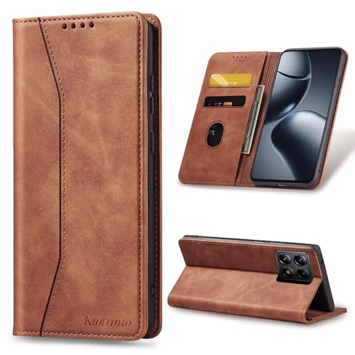 KIOTROUO Case for Xiaomi 14T, PU Leather Case with Card Slot, Protective Cards, Folding Stand, Magnetic Closure, Book Type Flip Case, Brown
