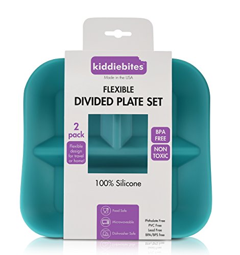 NEW! Kiddiebites MADE IN THE USA - 2 pack -100% SILICONE PLATES for Kids, Children, Babies, Toddlers, BPA Free, FLEXIBLE DIVIDED PLATE SET , Microwave & Dishwasher Safe (Teal)
