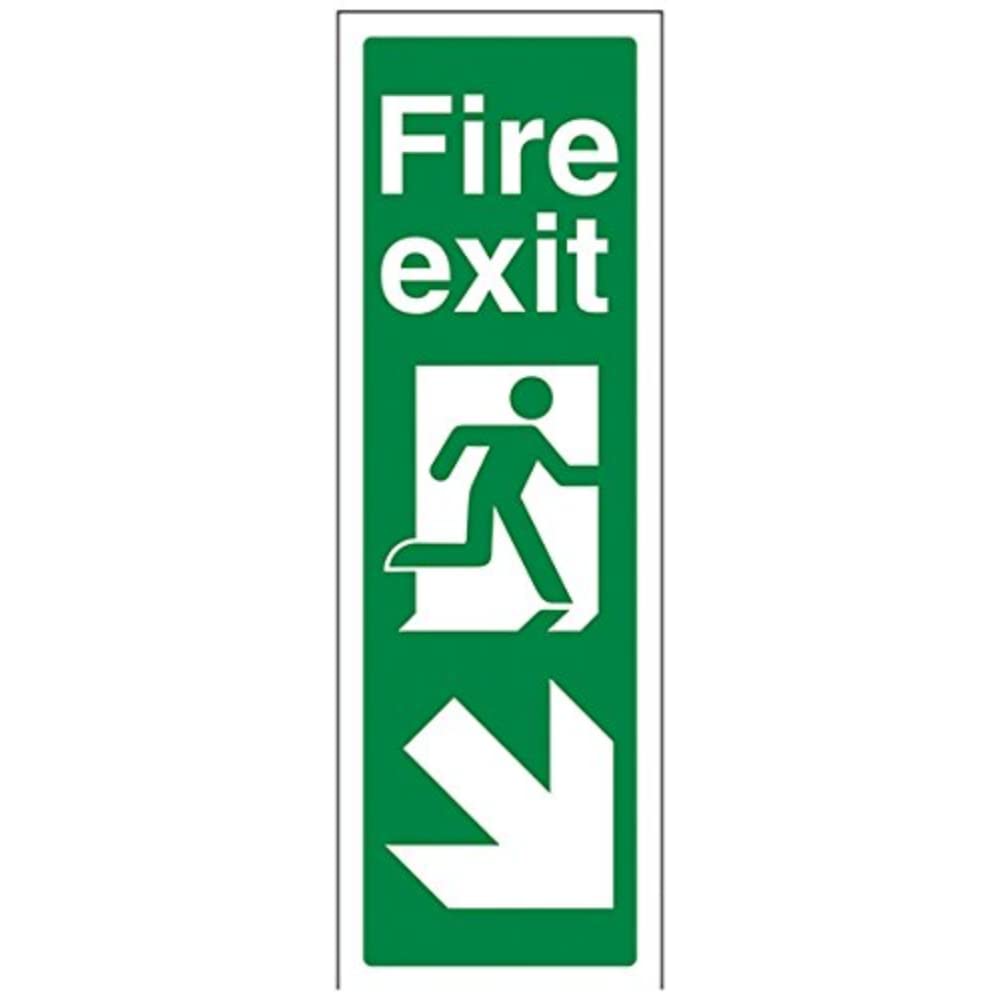 VSafety Portrait Fire Exit Arrow Down Right Sign - Portrait - 100mm x 300mm - Self Adhesive Vinyl