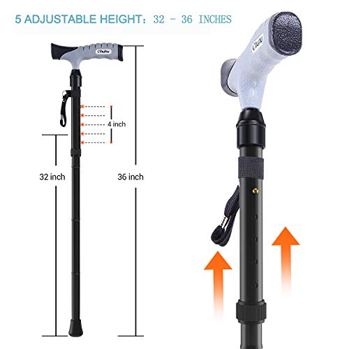 Folding Cane, Ohuhu 2 Pack Adjustable Foldable Walking Cane for Men, Women with 5 Adjustable Heights, Collapsible, Lightweight, Balancing Mobility Aid, Portable Hand Cane Walking Stick with T Handle