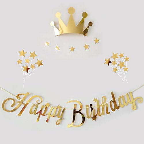 Gold Happy Birthday Bunting Banner/Crown Backdrops/Star Cake Topper Decorations Set