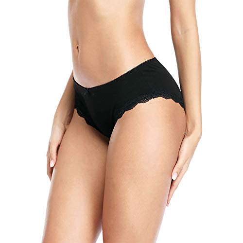 MS.ING 4Pcs Womens Underwear Hipster Panties Soft Cotton Lace Trim Briefs Bikinis (Black Wine Grey, Medium)
