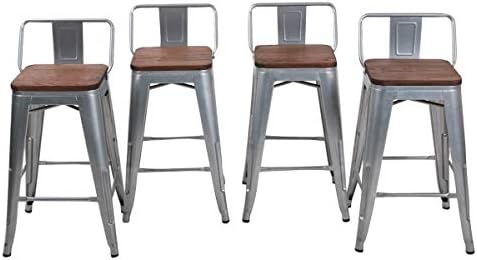 26" Low Back Metal Counter Stool Height Barstools, Industrial Dining Chair Kitchen Table Chairs for Indoor/Outdoor Bar Stools [Set of 4], Silver Wooden