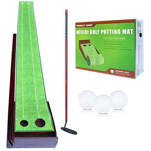 MESIXI Wood Golf Putting Mat Green with Auto Ball Return System